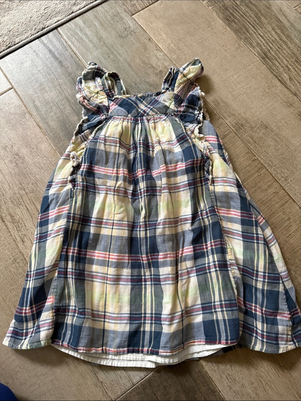 Polo by Ralph Lauren Navy Plaid Ruffle-Shoulder Dress with Pink & Yellow Accents